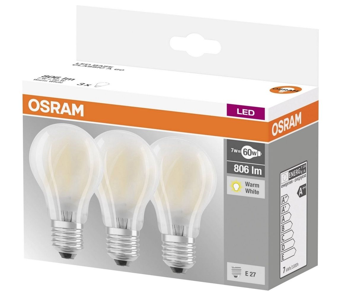 Osram LED žárovka E27 A60 7W 60W teplá bílá 2700K 3ks -  Svět-svítidel.cz