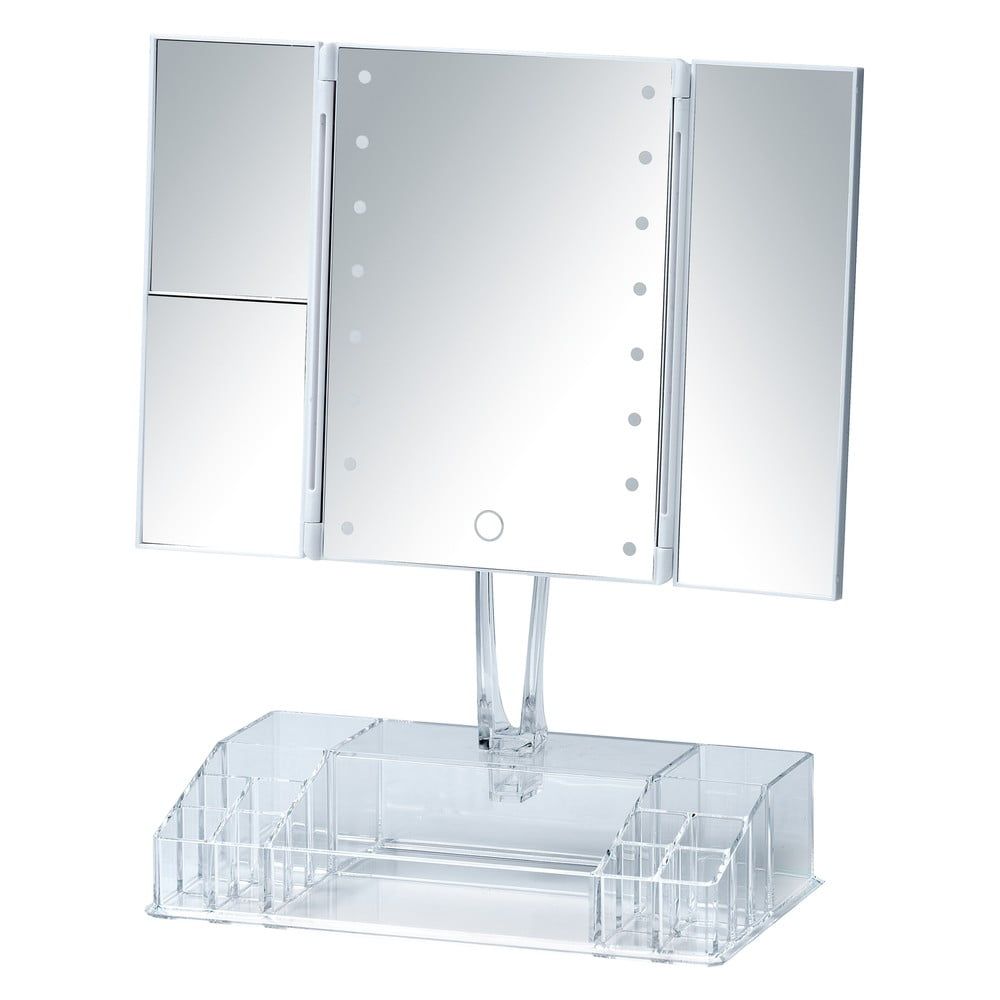 Bílé rozkládací kosmetické zrcadlo s LED podsvícením a organizérem na make-up Fanano - Bonami.cz