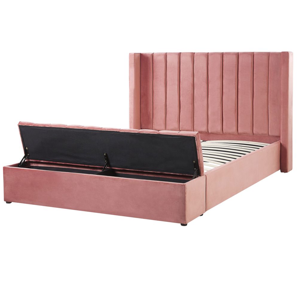 Čalouněná sametová postel růžová s úložným prostorem 160 x 200 cm NOYERS - Beliani.cz