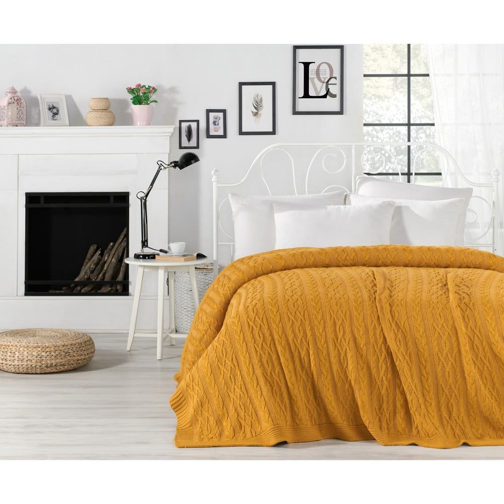 Hořčicově žlutý přehoz přes postel s příměsí bavlny Homemania Decor Knit, 220 x 240 cm - Bonami.cz