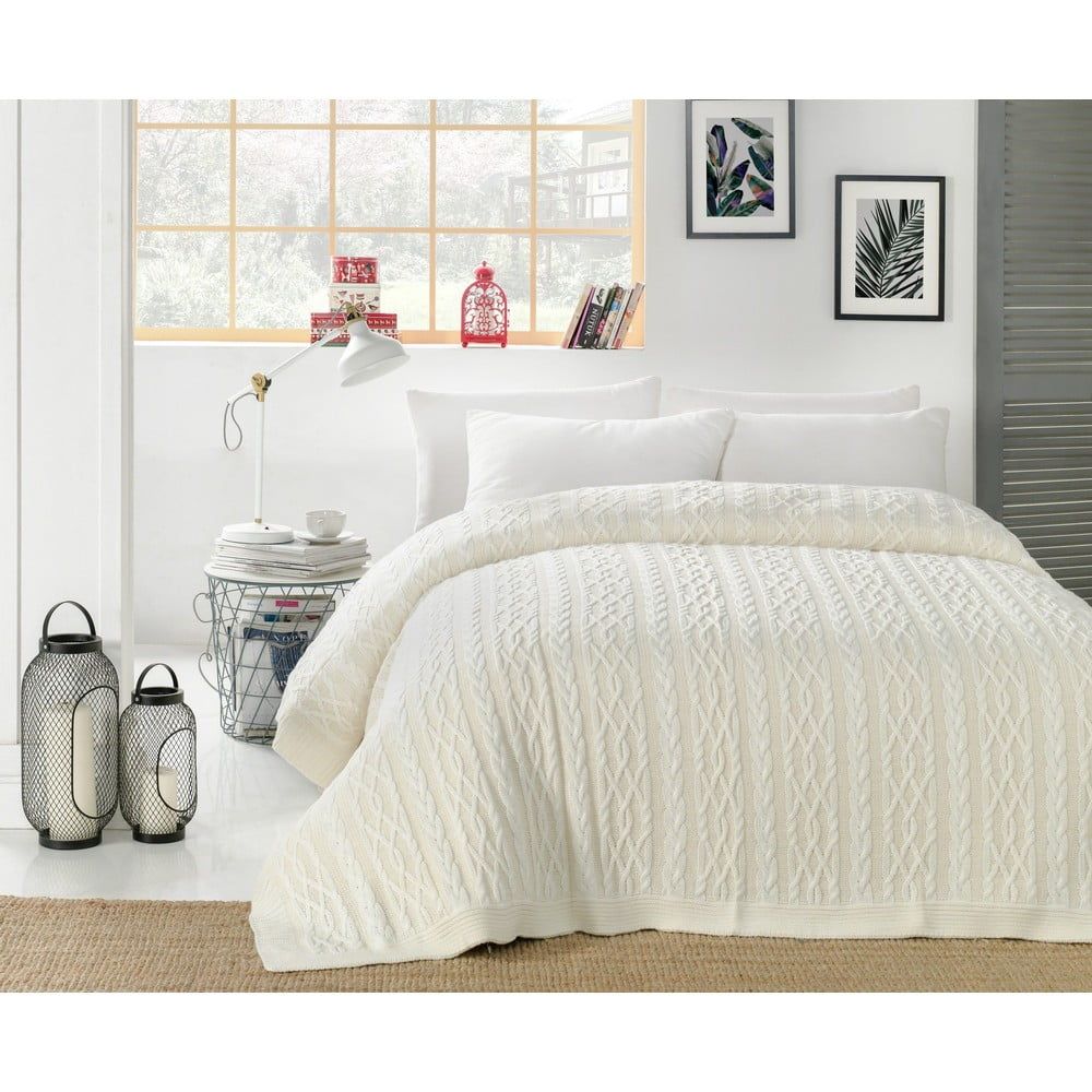 Světle krémový přehoz přes postel s příměsí bavlny Homemania Decor Knit, 220 x 240 cm - Bonami.cz