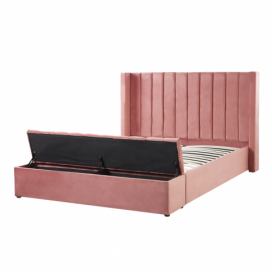 Čalouněná sametová postel růžová s úložným prostorem 180 x 200 cm NOYERS