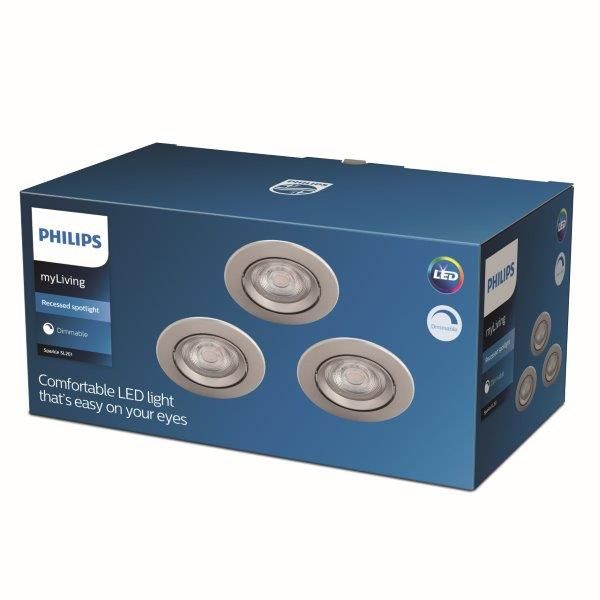 Philips Sparkle SL261 LED zápustné bodové svítidlo 1x5W | 350lm | 2700K - set 3 ks, stmívatelné, ochrana EyeComfort, nikl - Dekolamp s.r.o.