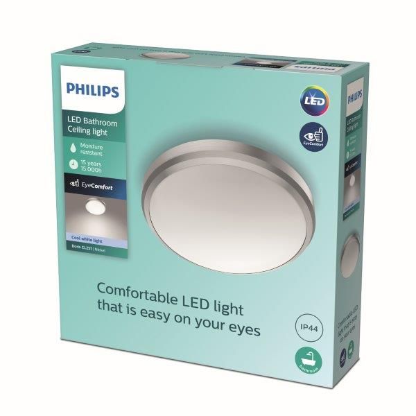 Philips Doris CL257 LED koupelnové stropní svítidlo 1x6W | 640lm | 4000K | IP44 - ochrana EyeComfort, nikl - Dekolamp s.r.o.