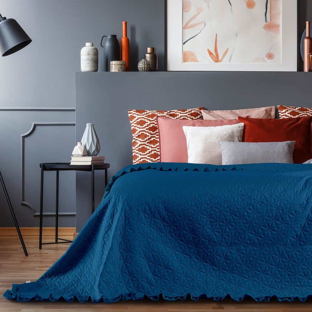 Modrý přehoz přes postel AmeliaHome Tilia, 240 x 220 cm - Bonami.cz