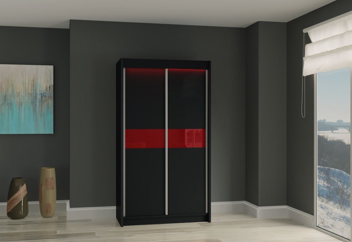 Skříň s posuvnými dveřmi ALEXA + Tichý dojezd, černá/červené sklo, 120x216x61 - Expedo s.r.o.
