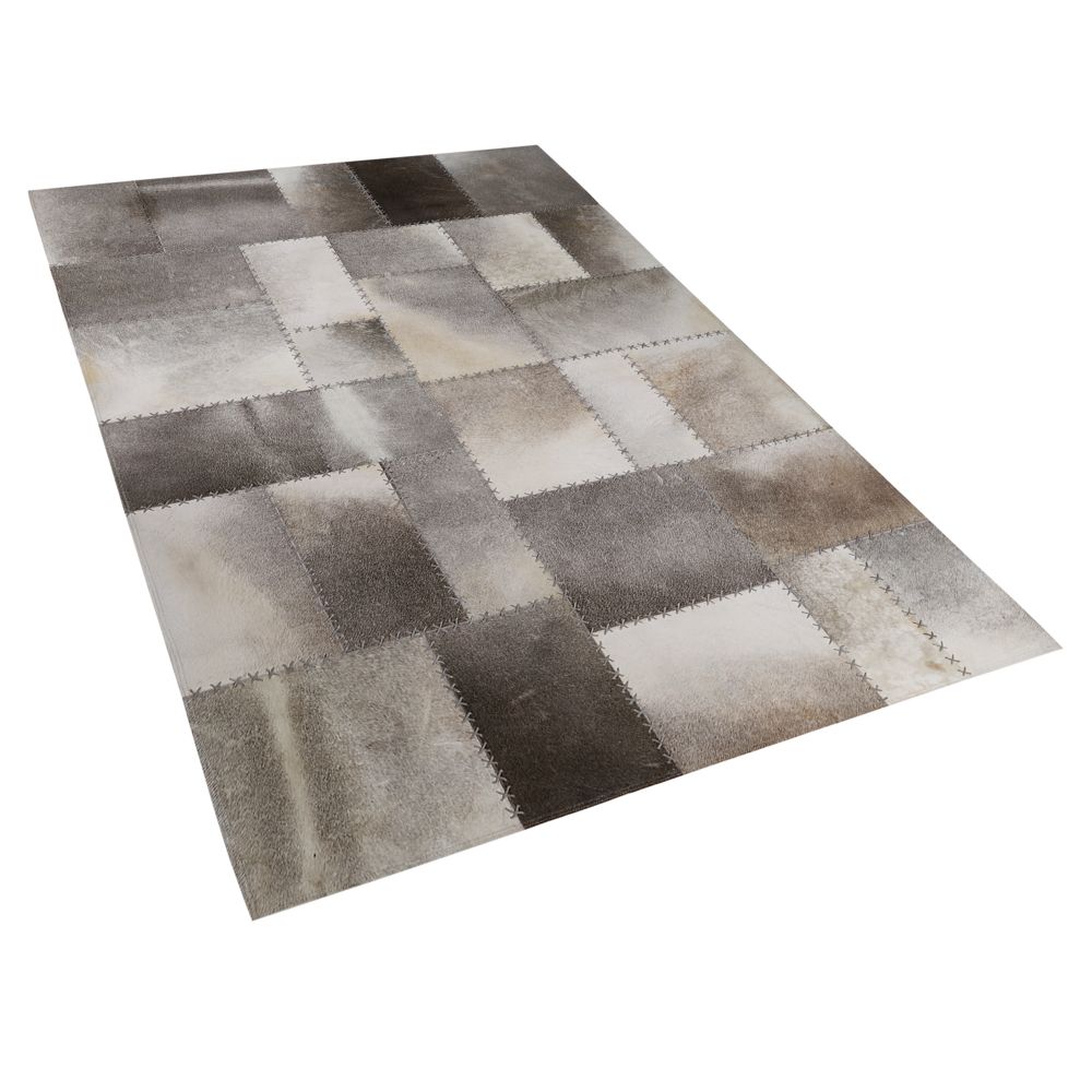 Kožený patchworkový koberec hnědo-šedý 140 x 200 cm PERVARI - Beliani.cz