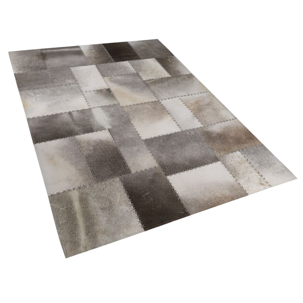 Kožený koberec patchwork hnědo šedáý 160 x 230 cm PERVARI - Beliani.cz