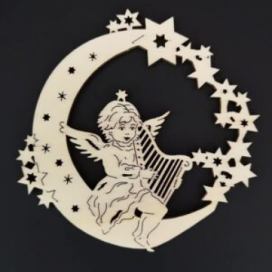AMADEA Dřevěná ozdoba anděl na měsíci s harfou 9 cm