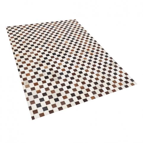 Kožený koberec patchworkový 160 x 230 cm béžově hnědý KAYABEY Beliani.cz