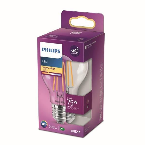 Philips 8718699762995 LED žárovka 1x8,5W | E27 | 1055lm | 2700K - teplá bílá, čirá, EyeComfort - Dekolamp s.r.o.