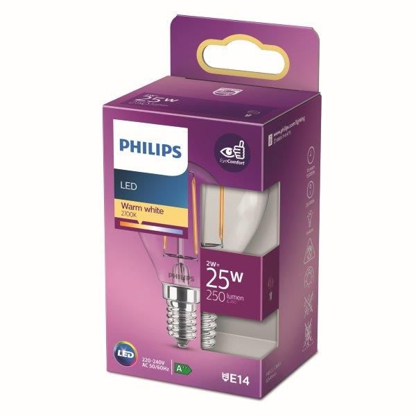 Philips 8718699777555 LED žárovka 1x2W | E14 | 250lm | 2700K - teplá bílá, čirá, Eyecomfort - Dekolamp s.r.o.