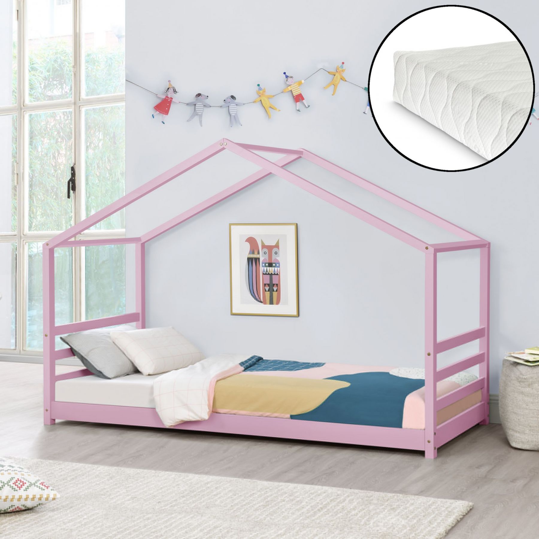 [en.casa] Dětská postel »Vardø« AAKB-8781 90x200 cm růžová s matrací - H.T. Trade Service GmbH & Co. KG