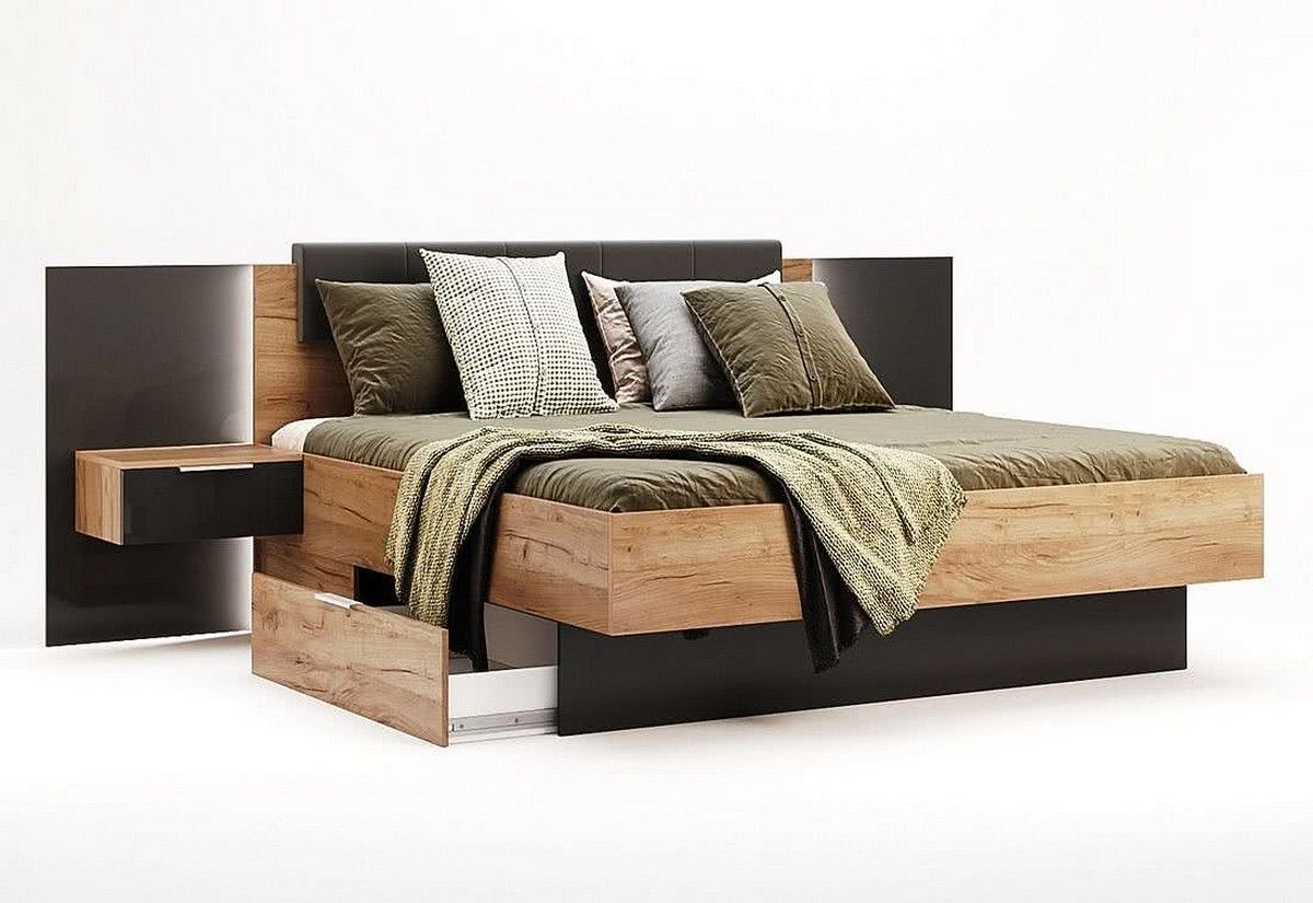 Manželská postel DOTA + rošt + matrace DE LUX + deska s nočními stolky, 180x200, dub Kraft/šedá - Expedo s.r.o.