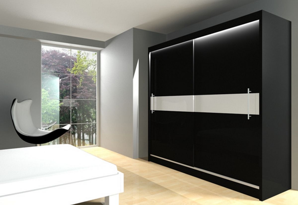 Skříň s posuvnými dveřmi NICOLETTA + Tichý dojezd, 200x216x61, černá/bílé sklo - Expedo s.r.o.