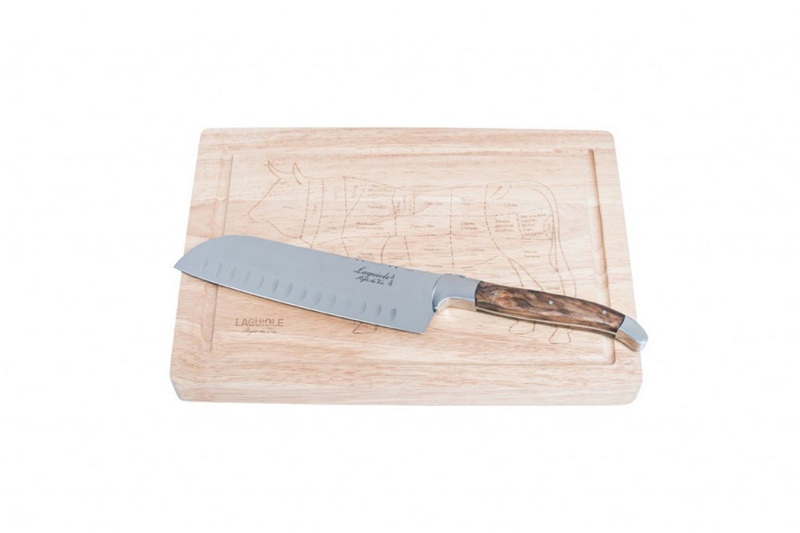 Laguiole Style de Vie Nůž Santoku s dřevěným prkénkem Luxury - rukojeť z olivového dřeva - Chefshop.cz