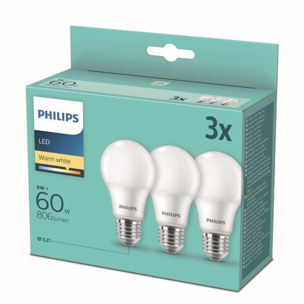 Philips 8718699775490 LED sada žárovek 3x8W-60W | E27 | 806lm | 2700K - set 3ks, bílá - Dekolamp s.r.o.