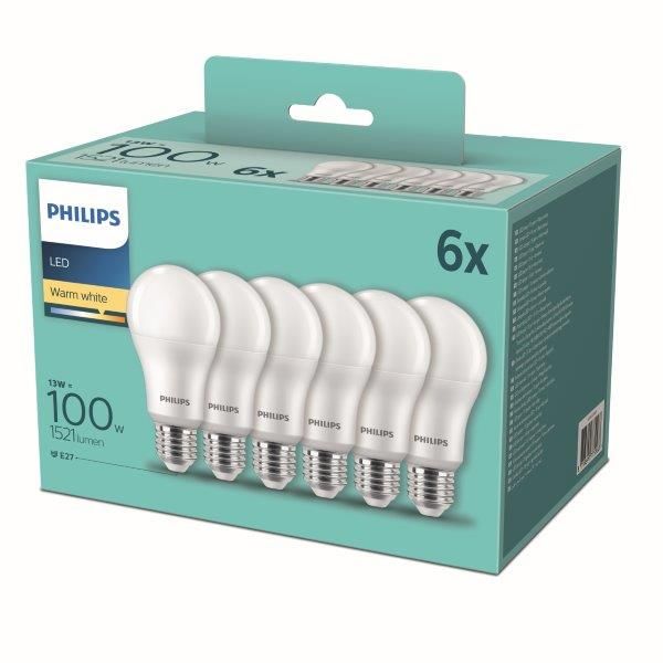 Philips 8718699775568 LED sada žárovek 6x13W-100W | E27 | 1521lm | 2700K - set 6ks, bílá - Dekolamp s.r.o.