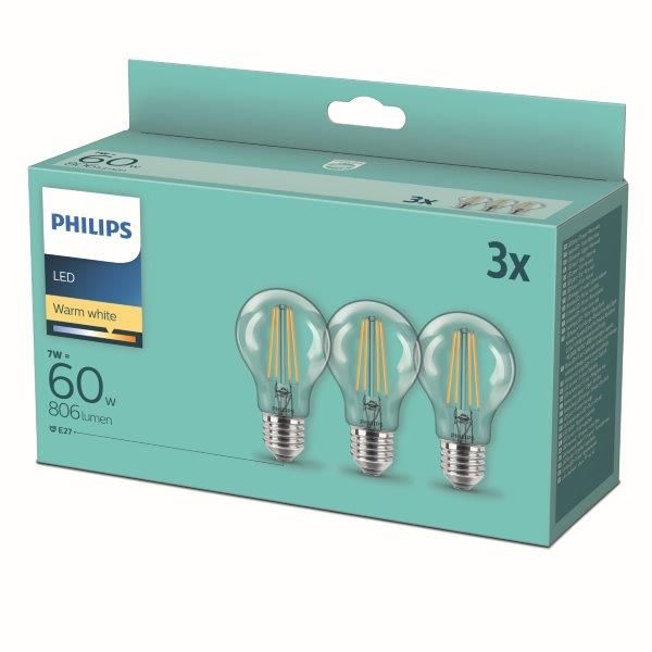 Philips 8718699777777 LED sada filamentových žárovek 3x7W-60W | E27 | 806lm | 2700K - set 3ks, čirá - Dekolamp s.r.o.