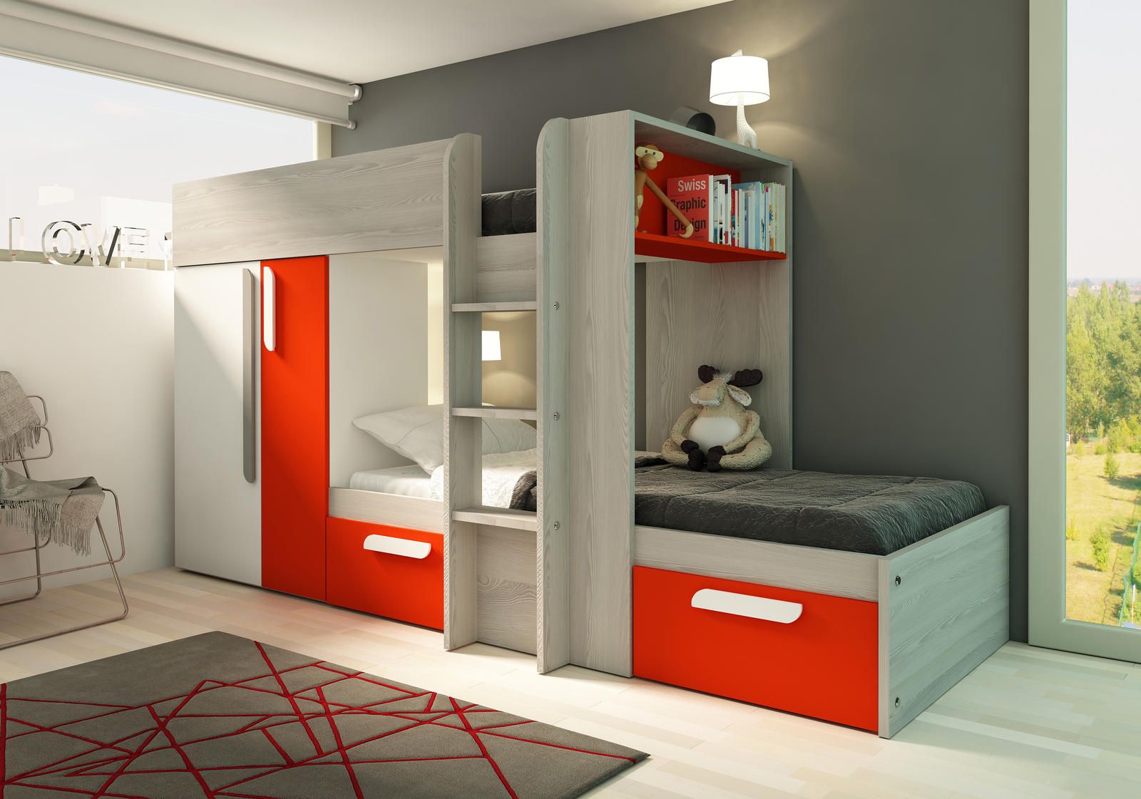 Aldo Patrová postel s šatní skříní Bo1 - oak molina, red - Nábytek ALDO