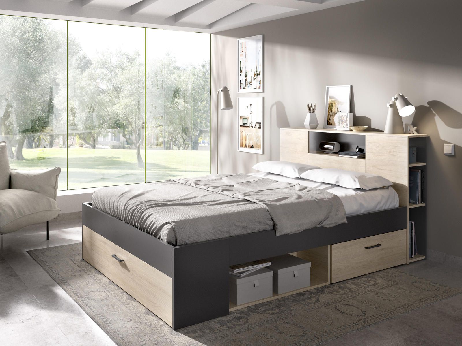 Aldo Manželská postel s řadou úložných prostorů, nadstavcem Lanka graphite - Nábytek ALDO