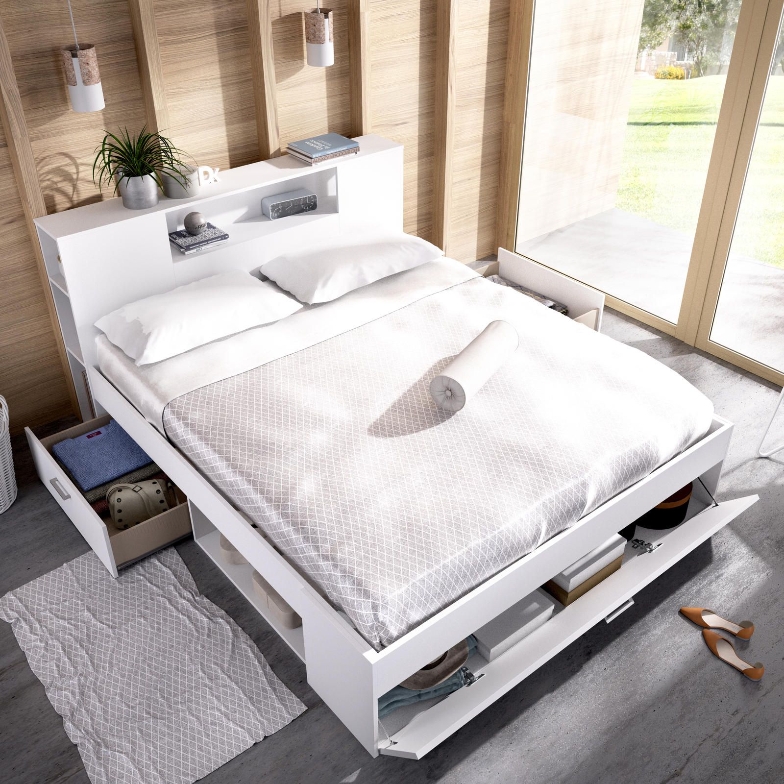 Aldo Manželská postel s řadou úložných prostorů, nadstavcem Lanka white - Nábytek ALDO