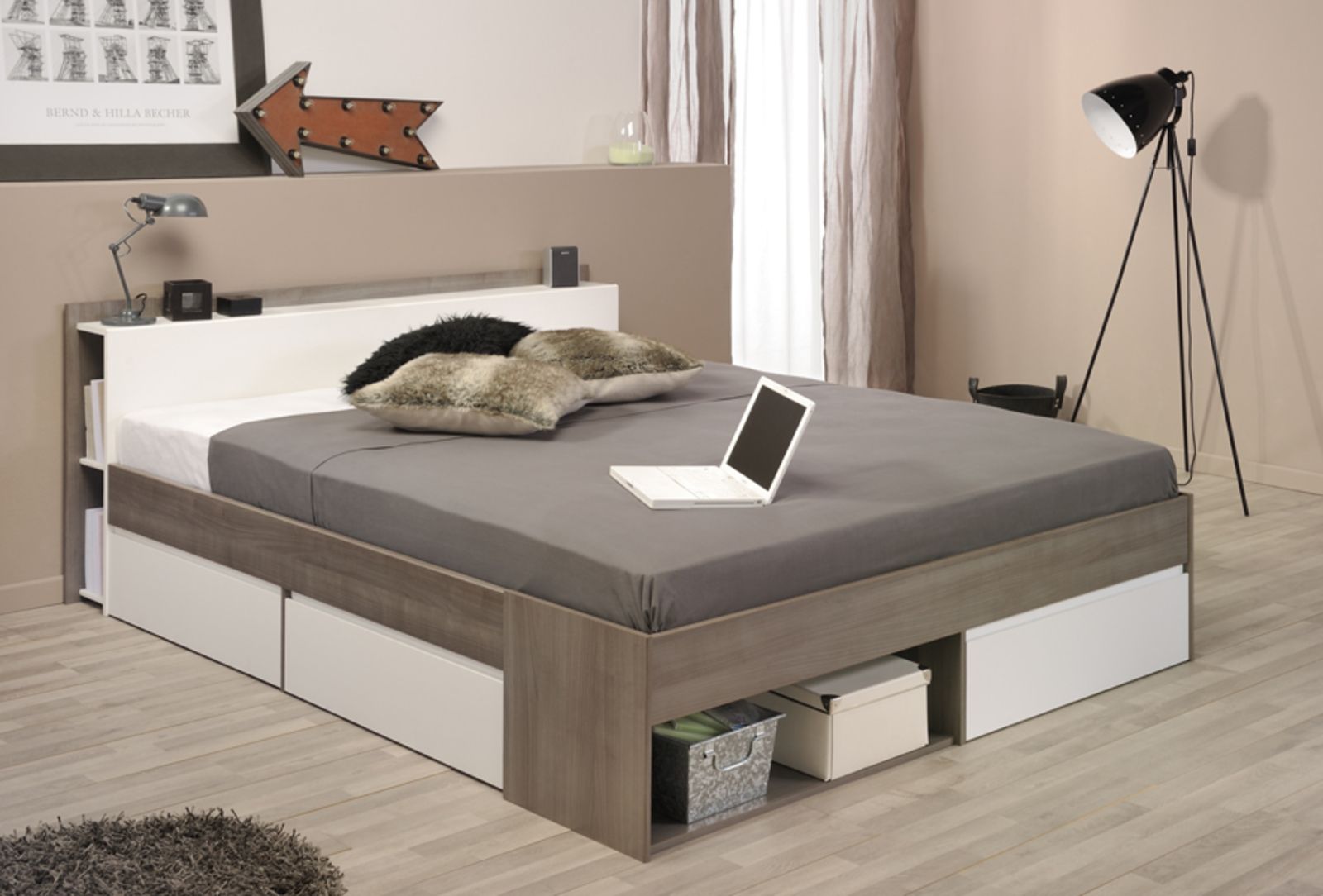 Aldo Manželská postel s šuplíky Most 160x200 cm šedý ořech - Nábytek ALDO