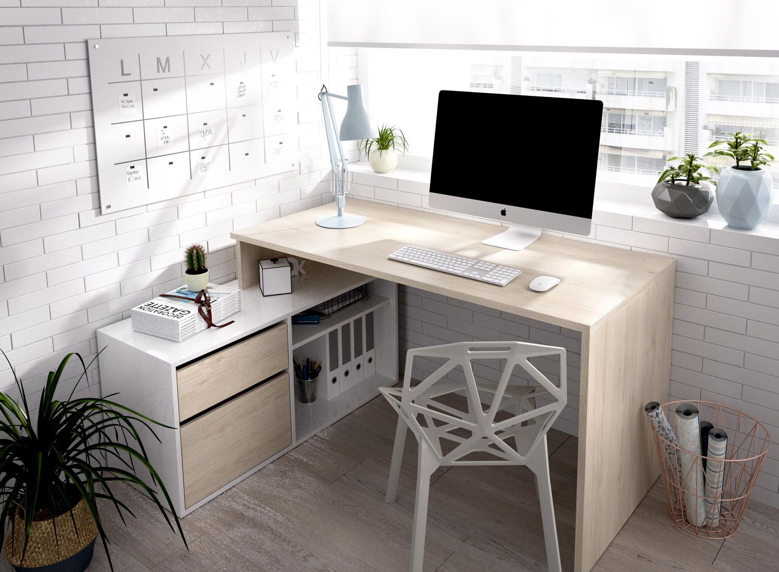 Aldo Designový psací stůl Rox glossy white, oak - Nábytek ALDO