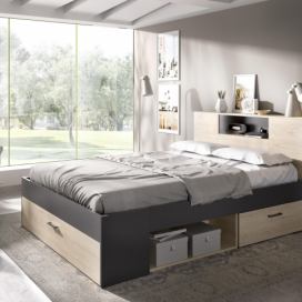 Aldo Manželská postel s řadou úložných prostorů, nadstavcem Lanka graphite