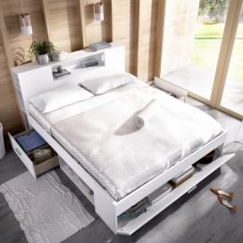 Aldo Manželská postel s řadou úložných prostorů, nadstavcem Lanka white