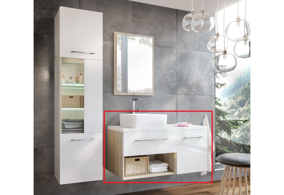 Koupelnová skříňka ANTIL PLUS s deskou a umyvadlem, bílá lesk/dub sonoma - Expedo s.r.o.