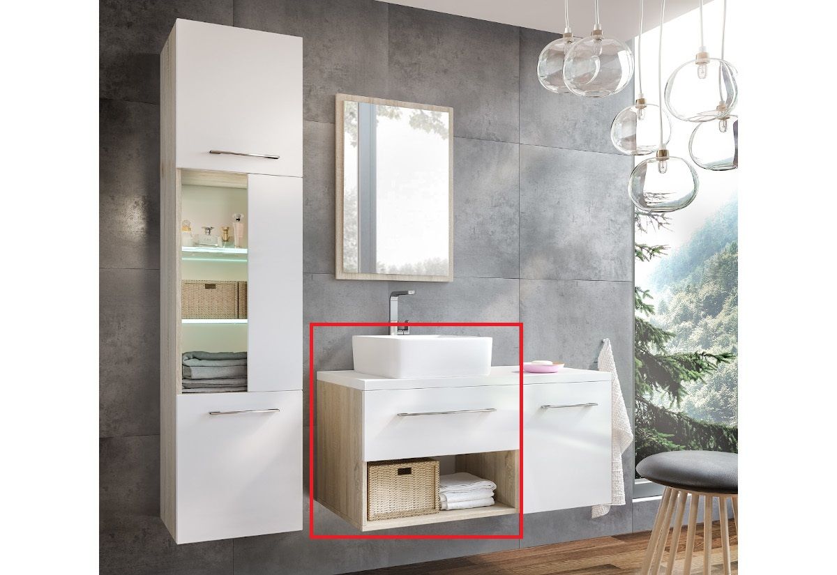 Koupelnová skříňka ANTIL S1 s deskou a umyvadlem, bílá lesk/dub sonoma - Expedo s.r.o.