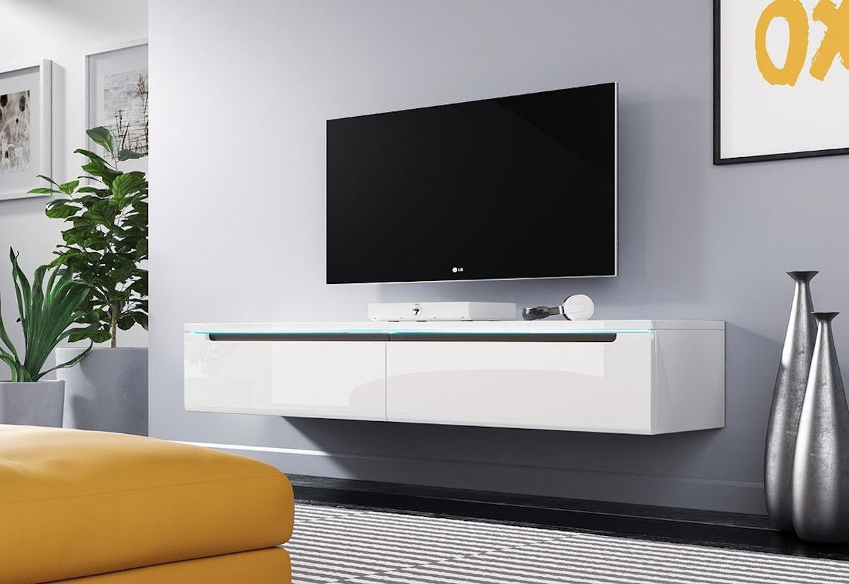 TV stolek MENDES DES I 140, 140x24x33, bílá/bílá lesk, s LED osvětlením - Expedo s.r.o.