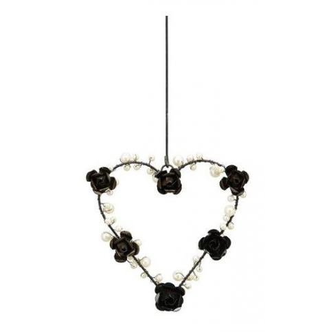 Závěsné černé kovové srdce s perličkami a růžemi - 13*2*13cm Exner LaHome - vintage dekorace