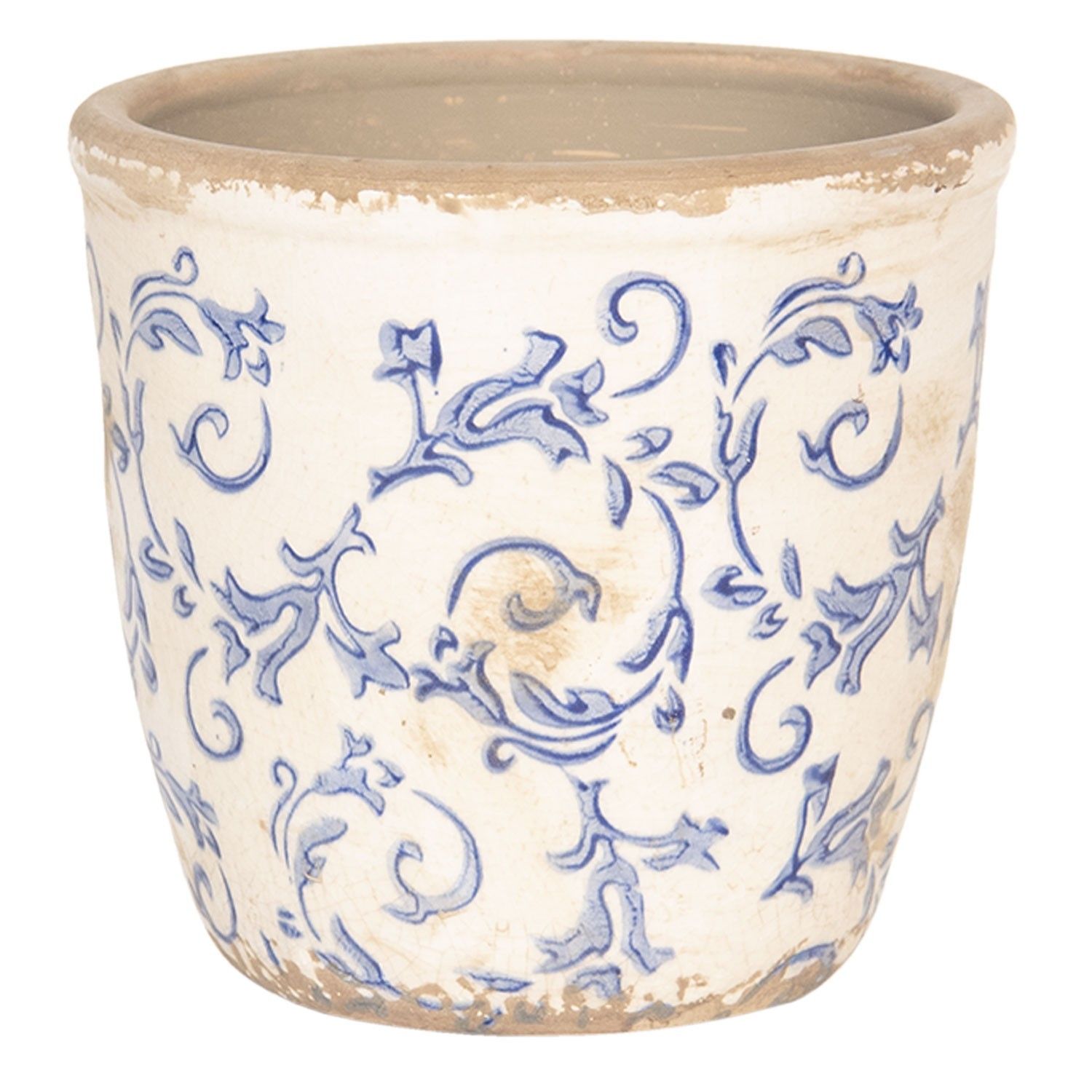 Bílý keramický květináč s modrými ornamenty - Ø 12*12 cm Clayre & Eef - LaHome - vintage dekorace