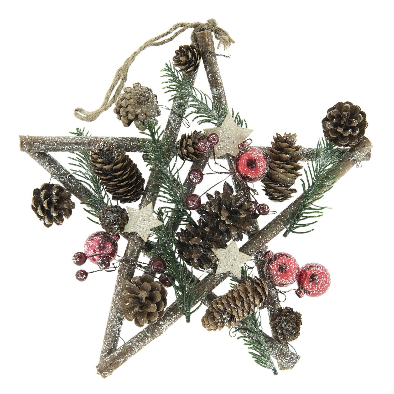 Závěsná vánoční dřevěná hvězda s dekoracemi - 30*5*30 cm Clayre & Eef - LaHome - vintage dekorace
