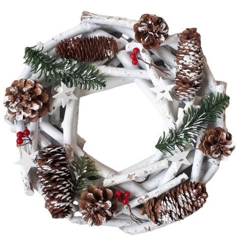 Bílý dřevěný vánoční věnec se šiškami - Ø 30*8 cm Ostatní - LaHome - vintage dekorace