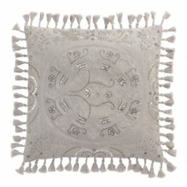 Sametový šedý polštář Moroccan s třásněmi - 45*45 cm J-Line by Jolipa LaHome - vintage dekorace