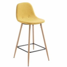 Kave Home Hořčicově žlutá látková barová židle LaForma Nilson 65 cm s kovovou podnoží