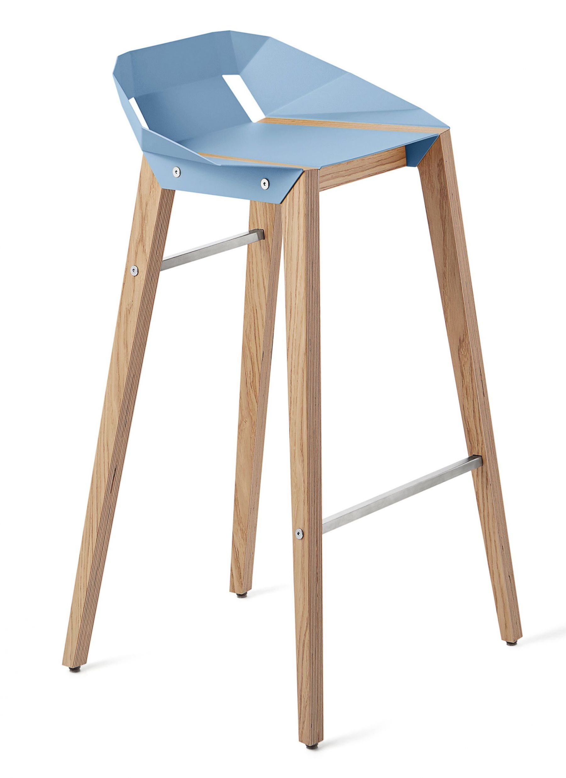 Světle modrá hliníková barová židle Tabanda DIAGO 75 cm s dubovou podnoží - Designovynabytek.cz