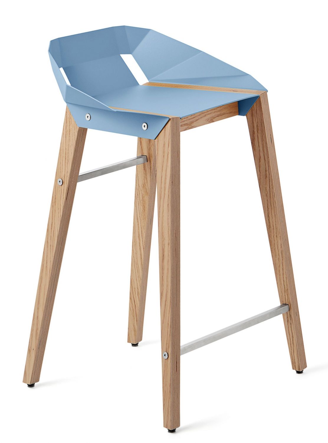 Světle modrá hliníková barová židle Tabanda DIAGO 62cm s dubovou podnoží - Designovynabytek.cz
