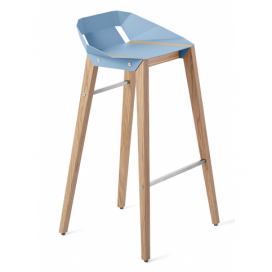 Světle modrá hliníková barová židle Tabanda DIAGO 75 cm s dubovou podnoží