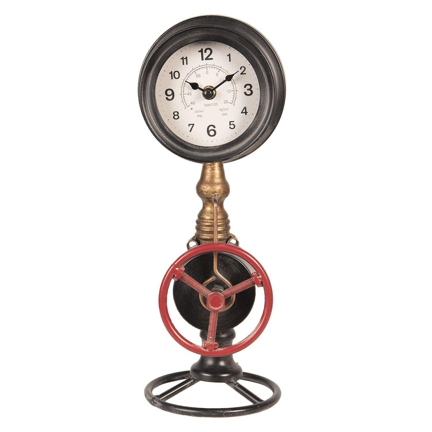 Industriální stolní hodiny s tlakoměrem - 14*14*37 cm/1xAA Clayre & Eef - LaHome - vintage dekorace