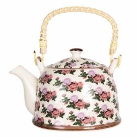 Porcelánová konvička na čaj s motivem růží - 17*12*10 cm / 0,6L Clayre & Eef