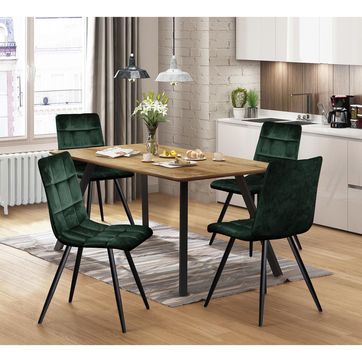 Jídelní stůl BERGEN dub + 4 židle BERGEN zelený samet - IDEA nábytek