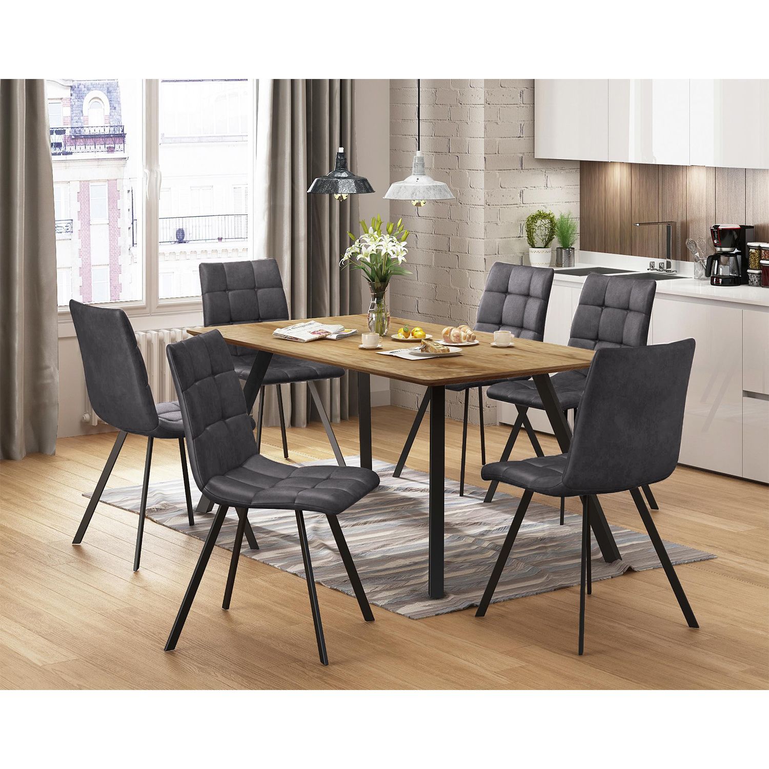 Jídelní stůl BERGEN dub + 6 židlí BERGEN šedé mikrovlákno - IDEA nábytek