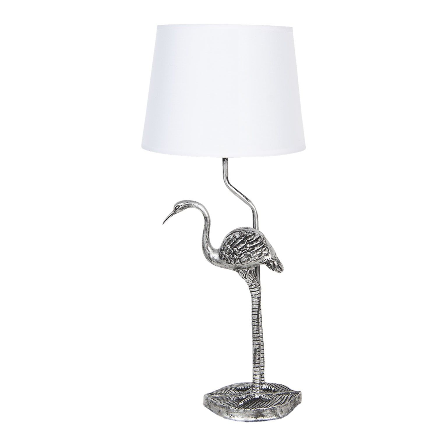 Stříbrná stolní lampa s dekorací plameňáka a bílým stínidlem – Ø 25*58 cm / E27 Clayre & Eef - LaHome - vintage dekorace