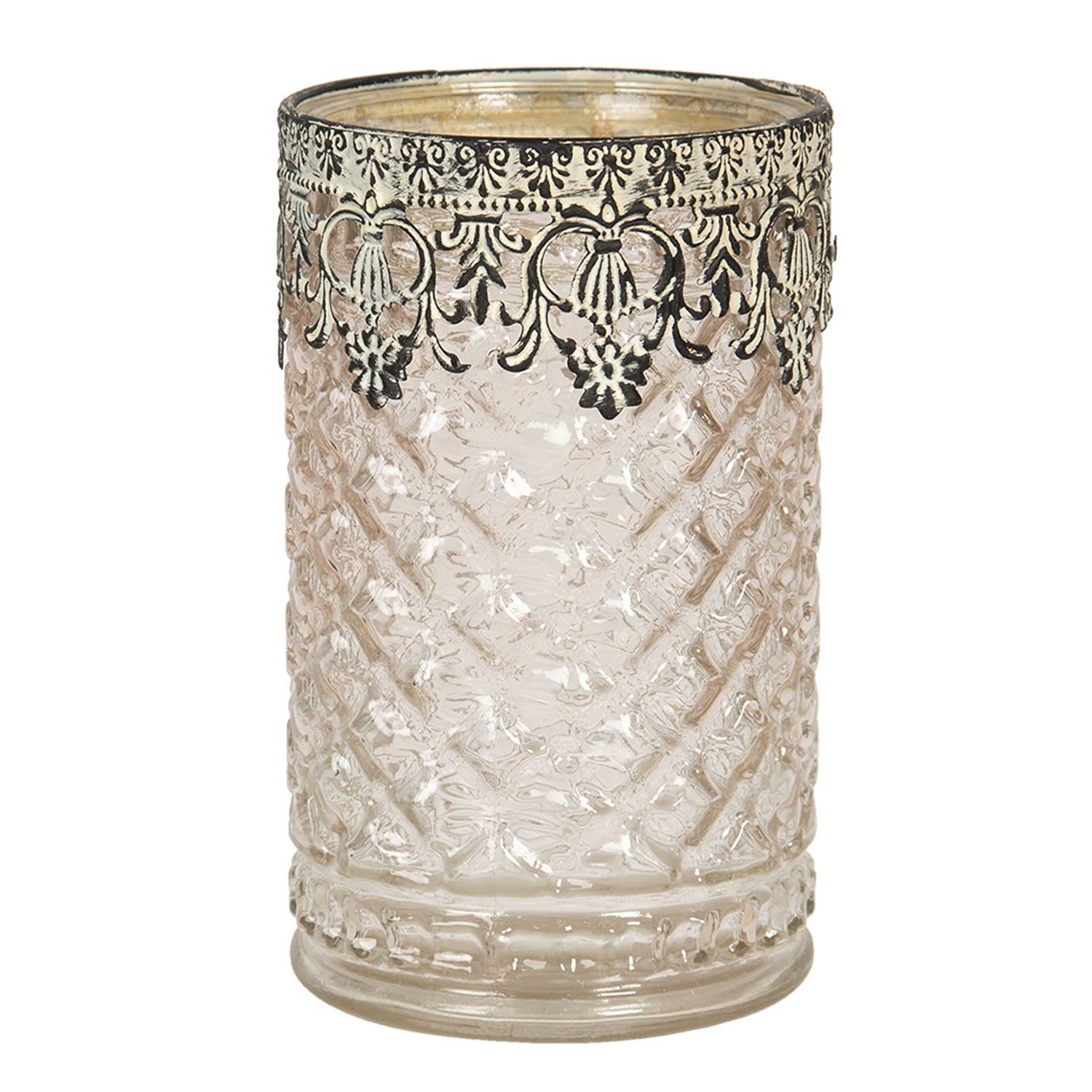 Skleněný svícen s kovovou ozdobou Satin - Ø 10*16 cm Clayre & Eef - LaHome - vintage dekorace