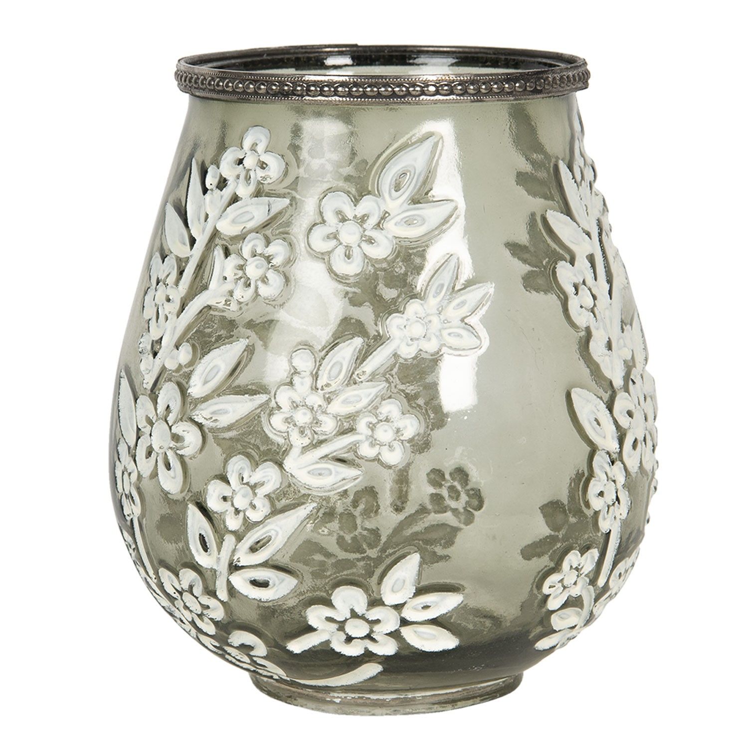 Skleněný svícen na čajovou svíčku s kvítky - Ø 15*18 cm Clayre & Eef - LaHome - vintage dekorace