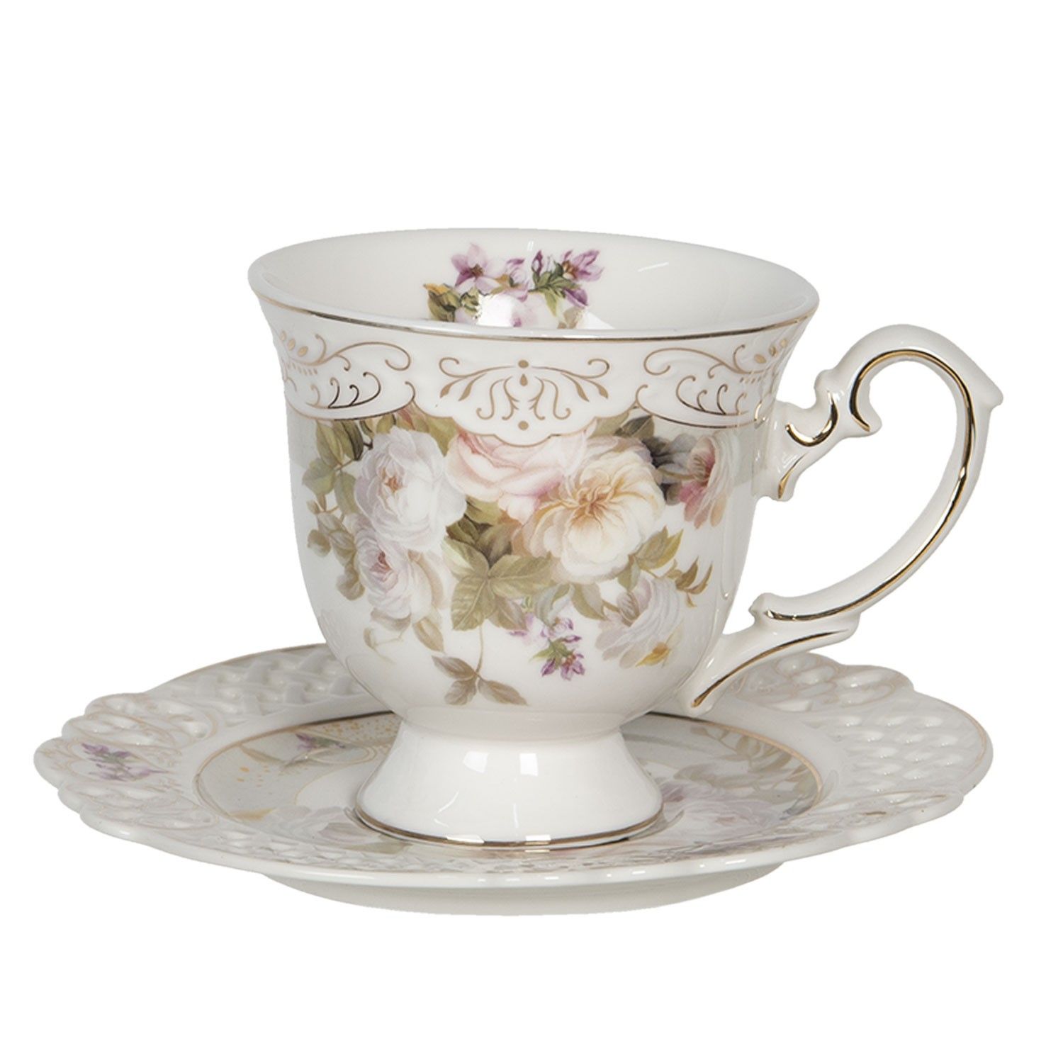 Porcelánový šálek s podšálkem s květinovým motivem – 12*9*9 / Ø 14*1 cm / 0.2L  Clayre & Eef - LaHome - vintage dekorace